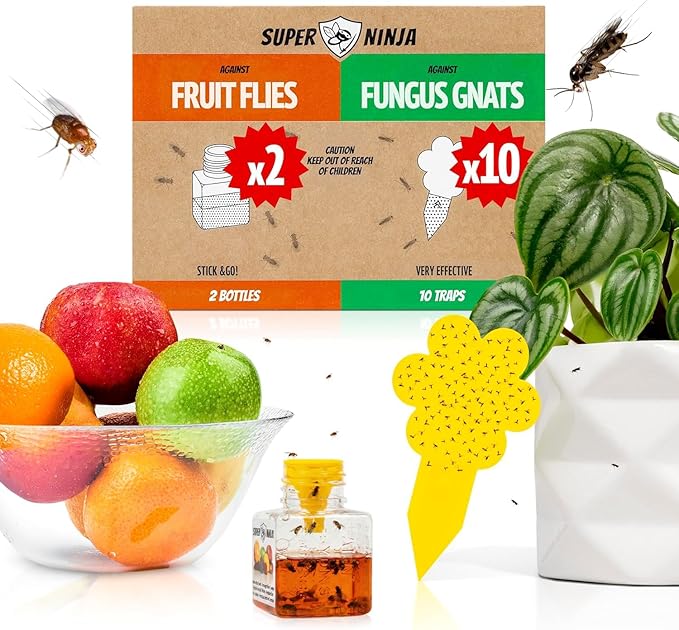 Super Ninja Fungus Gnat & Fruit Fly Traps - 10 Gnat Sticky Traps for Plants & 2 Highly Effective Fruit Fly Catchers for Indoors, Kid & Pet Friendly, Ready to Use, Up to 3 Months of Performance