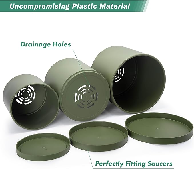 D'vine Dev 10 Inch 12 Inch 14 Inch, Set of 3 Plastic Planter Pots for Plants with Drainage Hole and Seamless Saucers, Olive, XX-Large, 74-V-I-6