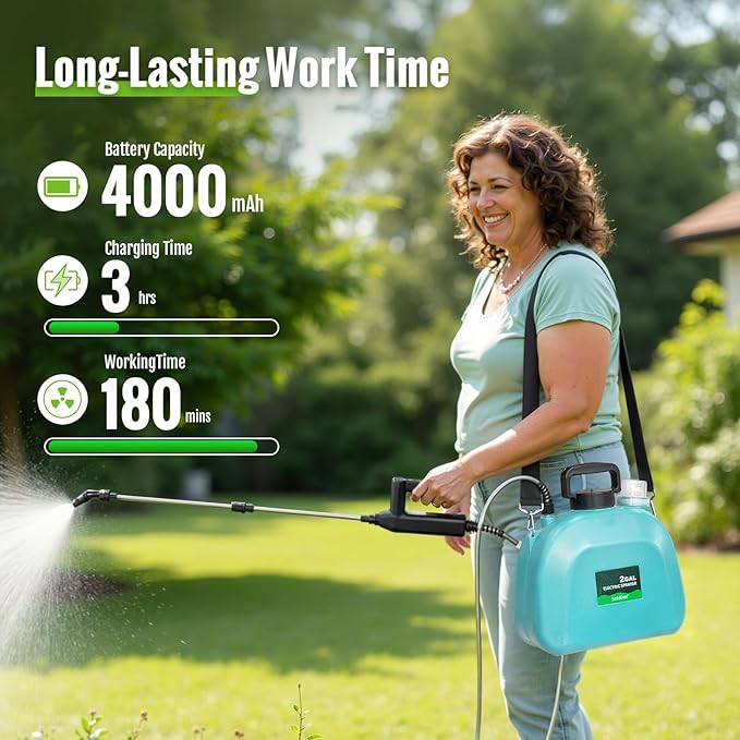 SideKing Battery Powered Sprayer 2 Gallon, Electric Weed Sprayer with 3 Adjustable Spray Pressures, Battery Indicator, Telescopic Wand and 4 Nozzles, for Garden, Lawn, Yard & Plants Care