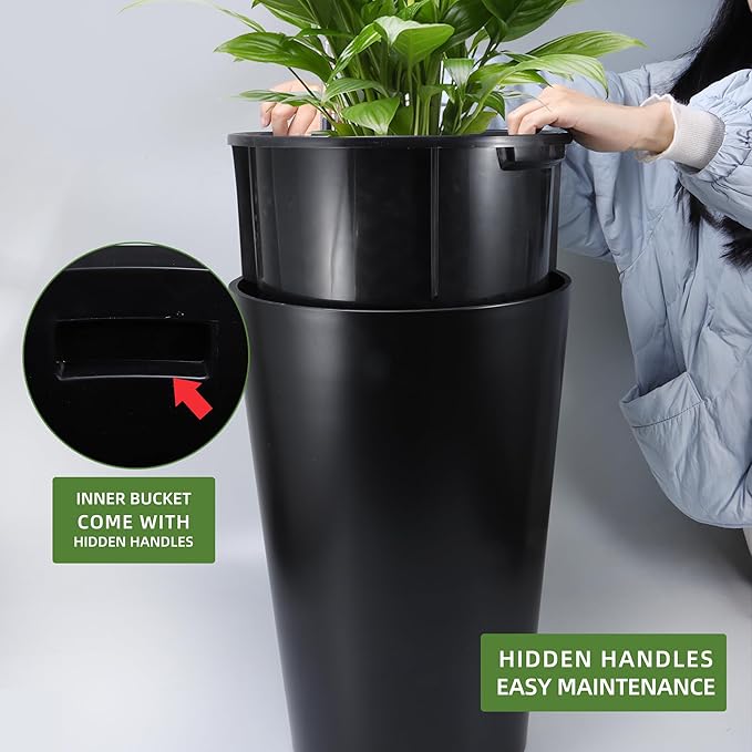 Dexceder 16x12 Tall Self Watering Planter High Cylinder Indoor Outdoor, Thickened Large Floor Standing Flower Plant Pot with Water Level Indicator (Black Matte)