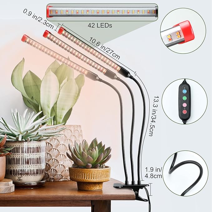 Gamechanger! 27 Watt Power Draw, NO Need Adapter, FECiDA 2026 3Head Clip Grow Lights for Seed Starting, Bonsai, Small Indoor Plants, Enough Bright Like Sun, 4/8/12/16/20H Timer