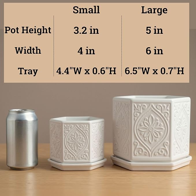 Ceramic Pots for Plants Set of 2 Sizes - 6 Inch and 4 Inch Wide Plant Pots Indoor with Drainage and Saucer - White Planters for Indoor Plants - Ceramic Planter Pot with Tray for Flowers & Houseplants