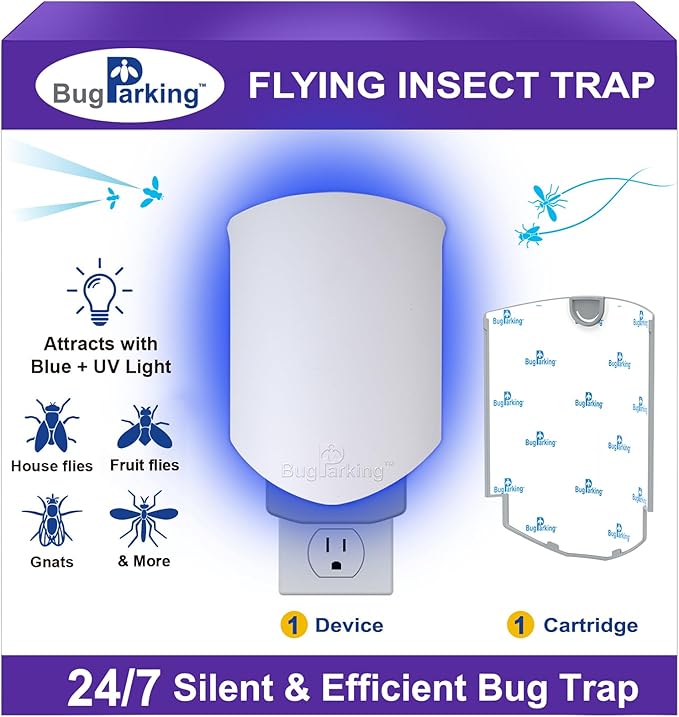 Flying Insect Trap, Plug-in UV Light for Gnats, Fruit Flies and Houseflies, Silent Sticky Catcher for Indoor Use, 1 Device & 1 Refill