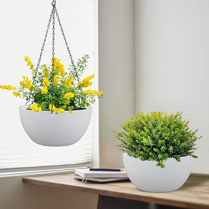 Meowell 10 inch Hanging Planters for Indoor Outdoor Plants, 2 Pack Hanging Flower Pots with Drainage Holes and Chain for Garden Balcony Porch, Round Plastic Hanging Baskets for House Plants, White
