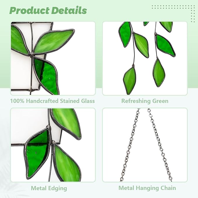 Stained Glass Window Hanging Green Plant Window Suncatcher Handcrafted Faux Plant Stained Glass Panel Sun Catcher for Plant Lovers,Unique Home Indoor&Outdoor Decor (Green)
