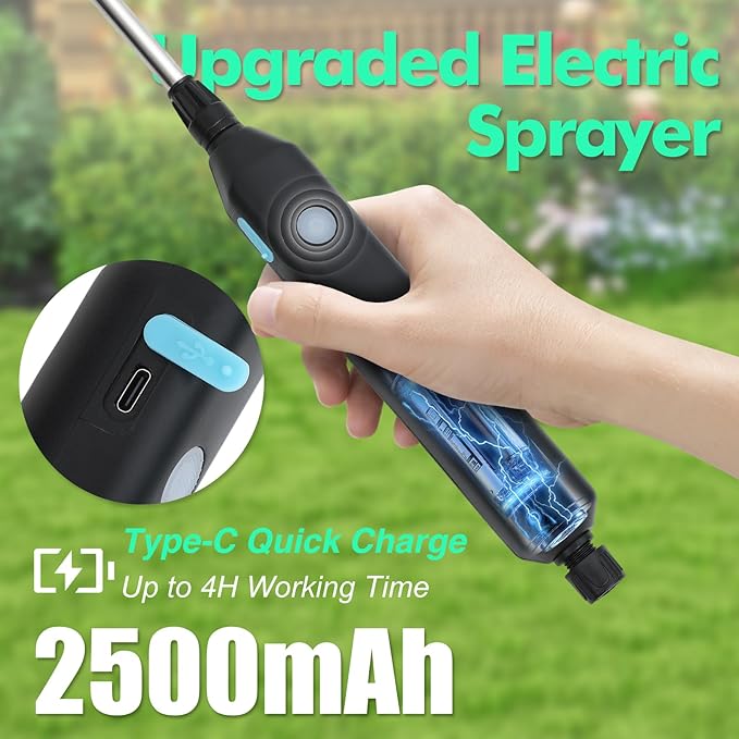 Battery Powered Sprayer 2 Gallon, Electric Garden Sprayer with 3 Copper Nozzles, 4 Spray Modes, Type-C Rechargeable, 30-60cm Retractable Wand, Shoulder Strap for Lawn & Garden