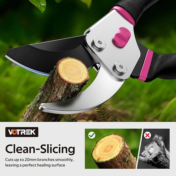 VOTREK® Pruning Shears, 8.5” Professional Garden Pruner with Jam-Proof Spring & Ever-Sharp SK5 Blade, Ergonomic Bypass Clippers for Rose, Tree, Heavy Duty Bonsai Scissor for Weak Hand