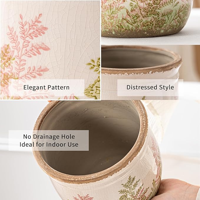 SURE YUESI Vintage Pink and Green Ceramic Planter Set of 2, 4.7+5.7 Inch Rustic Flower Pots for Indoor Plants, Decorative Ceramic Plant Pots for Home, Living Room, Garden, Gardening Gift