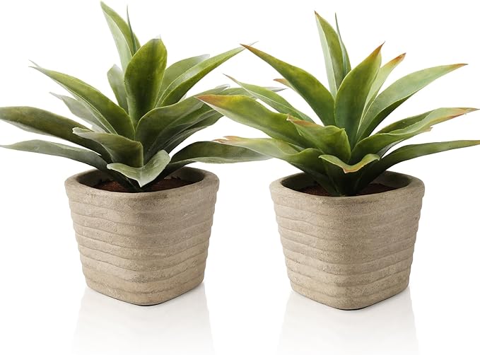2 Pack Small Fake Plants in Farmhouse Pulp Pot for Home Decor, Artificial Agave Plants Indoor, Small Faux Plants Indoor for Bathroom Bedroom Shelf Desk Office Table Kitchen Room Greenery Decor
