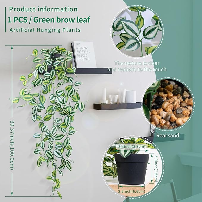 LOYWREE 3 Pack Fake Hanging Plants - Small Potted Plants with Green Eyebrow-Leaf Trailing Vines, Indoor Outdoor Aesthetic Decor for Office, Living Room Shelf & Home Accent (Black Pot)