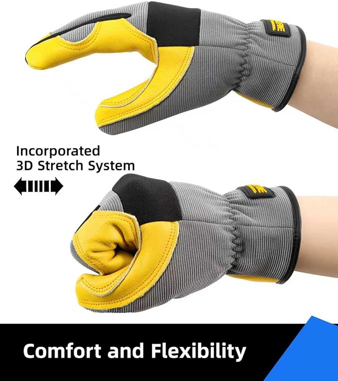 DULFINE Cowhide Leather Work Gloves for Men & Women, Reinforced Durable Gardening Gloves, Puncture & Cut Resistant