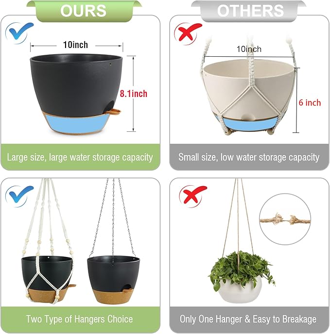 Meowell 10 inch Self Watering Hanging Planters, 2 Pack Hanging Flower Pots for Indoor Outdoor Plants, Hanging Baskets with Drainage Holes & 2 Kinds of Plant Hangers for Garden Home Decor, Black Brown