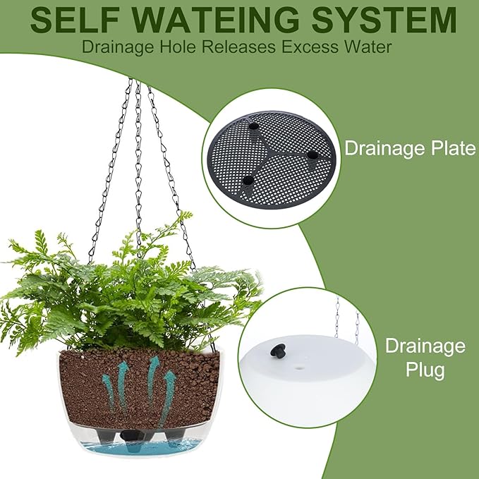 BAYN 2 Packs Solar Hanging Basket Planters for Plants Outdoor, Self Watering White Flower Plants Pots with Solar Light Drainer for Balcony Patio Garden Outdoor Decoration