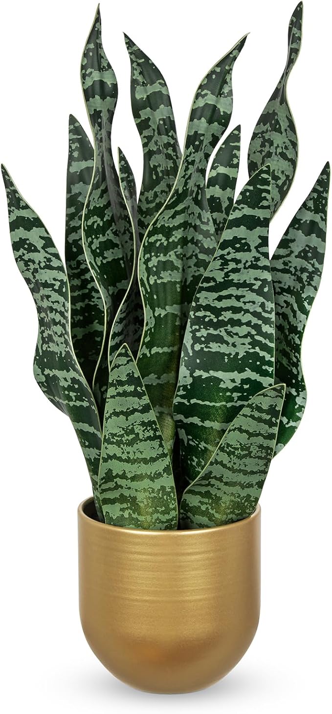 Hollyone Artificial Snake Plant Potted Faux Sansevieria Trifasciata Plants, 16.9" Tropical Mother in Law Tongue Fake Plants in Metal Gold Pots for Home Office Room Indoor Decor Housewarming Gifts