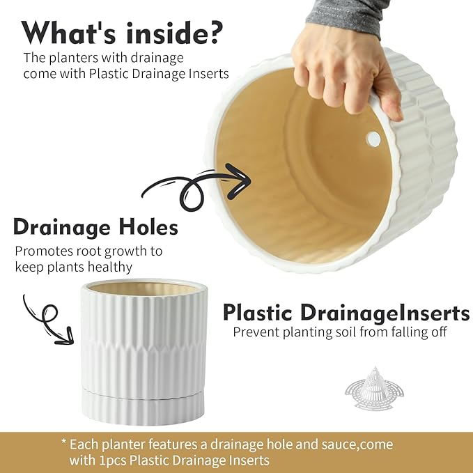 HASENSE Ceramic Plant Pots Set of 3, 8/6/4.6 Inch Cylinder Flower Planters with Drainage Saucers, Vertical Ribbed Modern White for Home Office & Outdoor Plants