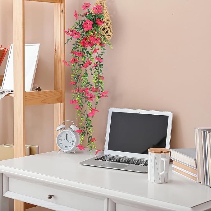FAVOWREATH Fake Plants Hanging Artificial Potted Faux Eucalyptus Plants and Flowers for Modern Boho Farmhouse Bathroom Office Desk Wall Book Shelf Living Room Aesthetic Decor Indoor (Rose Red)