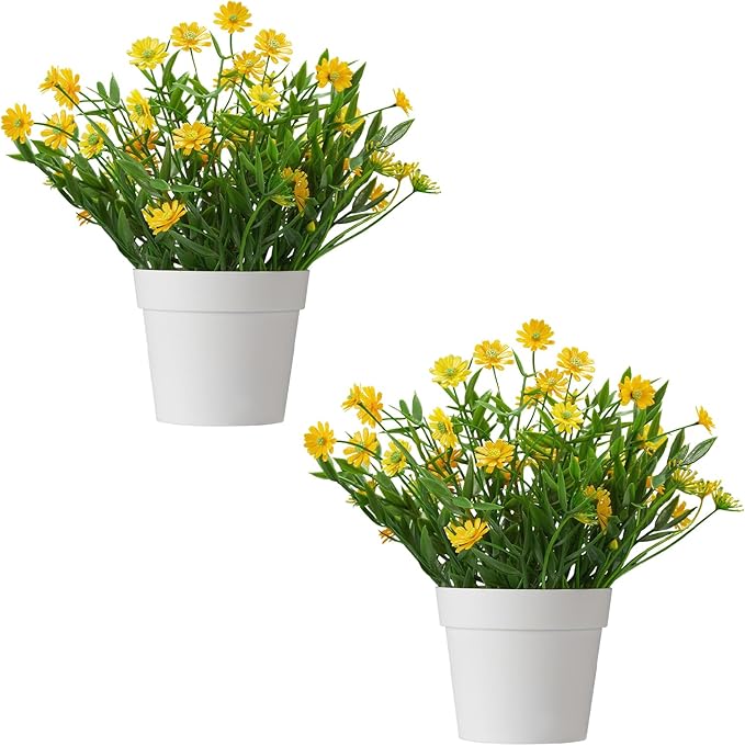 Fake Plants Daisy for Bathroom Decor, Small Potted Artificial Plants Indoor for Shelf Desk Home Bathroom Farmhouse Room Coffee Table Decor, Yellow (Pack of 2)