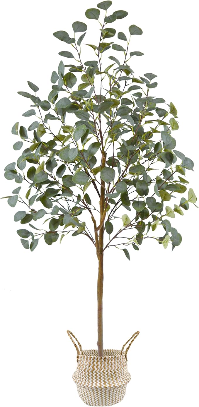 Warmplants Artificial Eucalyptus Tree, 5ft Tall Mordern Fake Eucalyptus Plant with Basket, Green Silk Leaves Perfect Faux Trees for Home Office Livingroom Floor Decor Indoor Outdoor