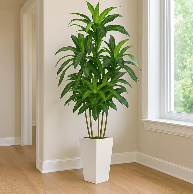 7FT Artificial Dracaena Tree, Fake Tree Indoor with White Tall Planter, Tall Artificial Plants Indoor, Artificial Silk Tree for Home Office Decor Plants Indoor Outdoor (White)