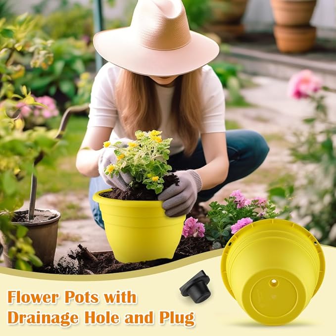 RooTrimmer 3 Pack 11 Inch Plant Pots for Indoor Outdoor,Plastic Floor Planters with Drainage Holes,Lightweight Flower Pots for Home,Patio & Garden(Yellow)