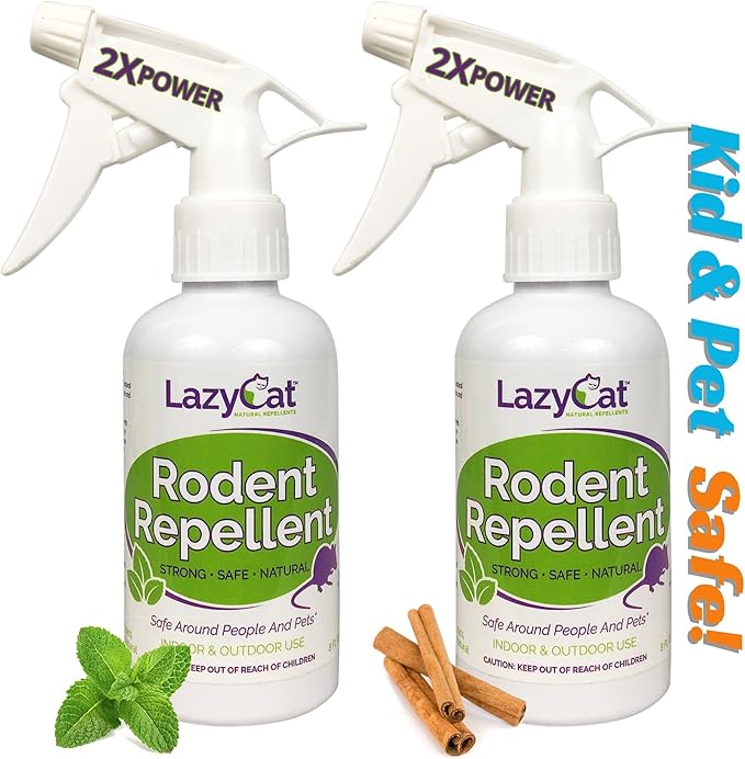 Peppermint Oil Spray for Rodents Plus Cinnamon Oil - MAX Power Mouse Repellent for Home RV Campers Boats Car Engines – Repel Mice and Rats from House Non-Staining 2X Strength (2 Pack) by Lazy Cat