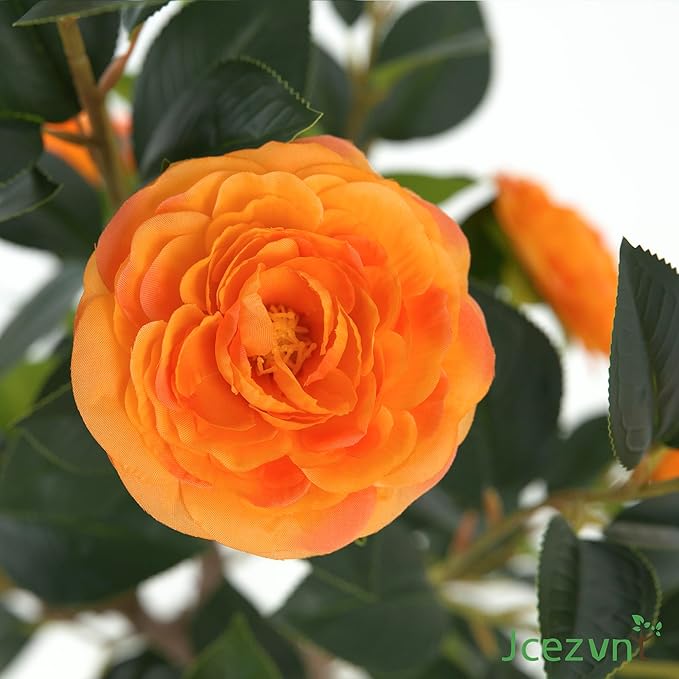 2 Pack Artificial Camellia Tree with White Pot, 38" Faux Potted Plants for Indoor Outdoor Decor, Tall Silk Greenery Plant for Home Offce Living Room Balcony,White, Orange
