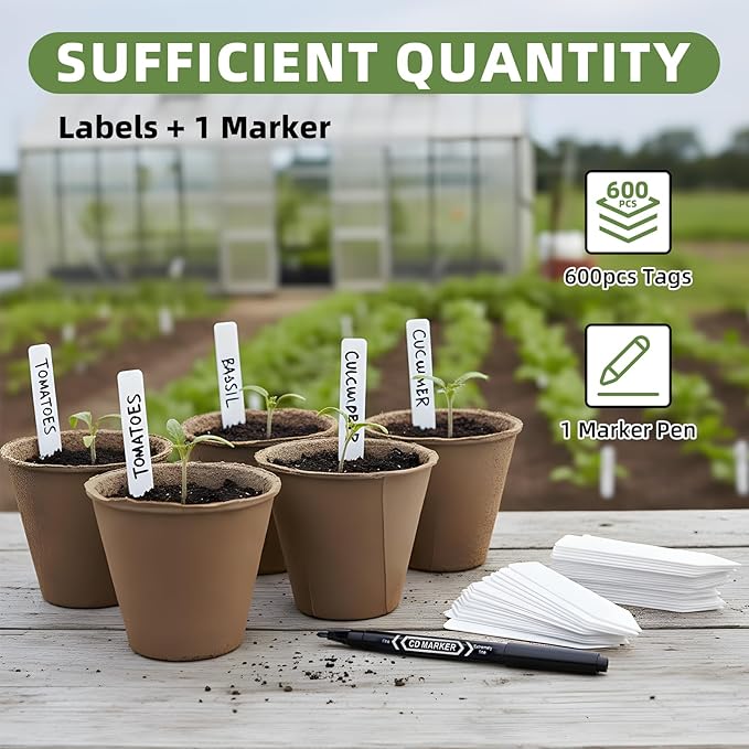 Cleangor 600Pcs Plant Labels with Marker Pen, 4" Plant Tags for Garden Waterproof, Reusable Plastic Plant Markers Garden Labels for Seedlings, Vegetables, Flowers, Gardening Organization Kit