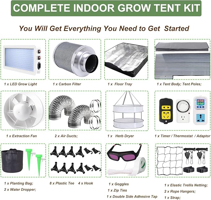 Complete Mylar Growing Tent, 4 x 4 Grow Tent Kit，48"x48"x80" Indoor Plant Growing Room LED Full Spectrum Grow Light Ventilation Inline Fan + Acceseries