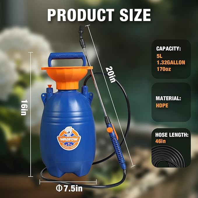WADFOW 1.32 Gallon Pump Pressure Sprayer, Lawn & Garden Water Spray Bottle for Pests Controlling, Garden Watering and Household Cleaning