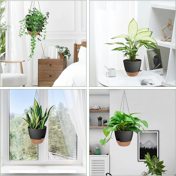 Vanslogreen Hanging Planters for Indoor Outdoor Plants, 2 Pack Self Watering Hanging Pot with Drainage Holes & Removable Tray (Black, 6'')