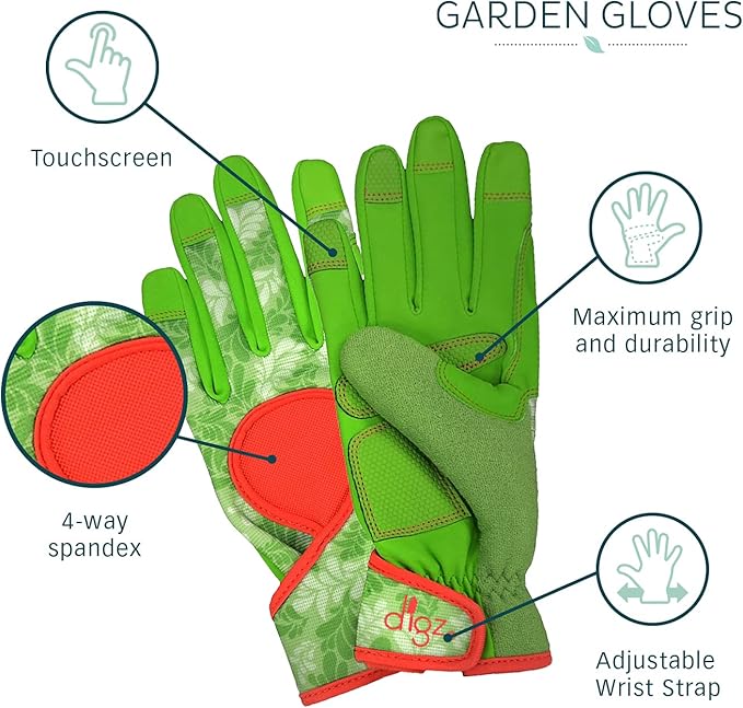 DIGZ Small Signature High Performance Garden Gloves for Women Thorn Proof Touchscreen Reinforced Palm Green Leaves 7651-23