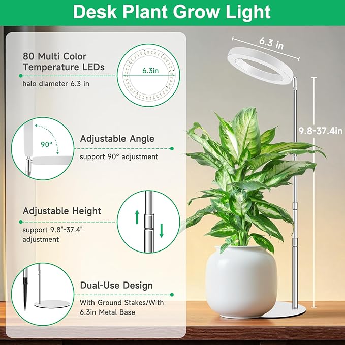 Aokrean Grow Lights for Indoor Plants, Full Spectrum Plant Lights for Indoor Growing, 9.8"-37.4" Height Adjustable Desk Grow Lamp with Auto Timer 6/12/16Hrs, 3 Optional Spectrums, 5 Brightness,2 Pack
