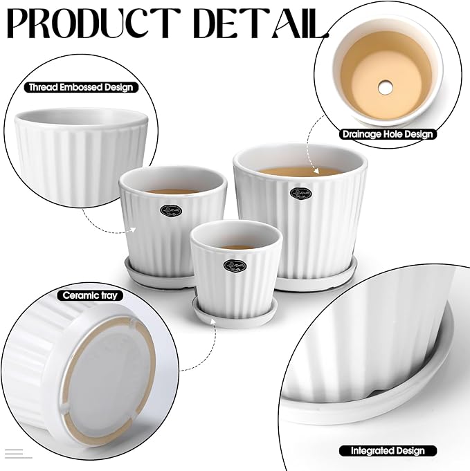 3 Pcs Ceramic Plant Pots 7.3/6/4.7 Inch Ceramic Flower Pot with Drainage Hole and Saucer Decorative Planter Indoor Outdoor for Gardening Home Desktop Office Windowsill Decoration Gift(White)