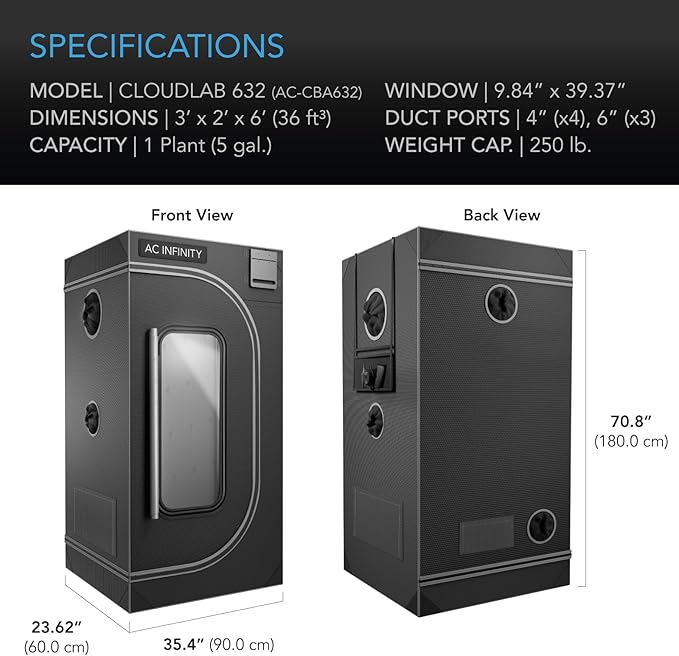 AC Infinity CLOUDLAB 632, Advance Grow Tent 3x2, Thickest 1" Poles, 2000D Mylar Canvas, Lab-Tested Highest Reflectivity, Largest Zipper Window, Controller Mount Plate, 36" x 24" x 72" Indoor Growing