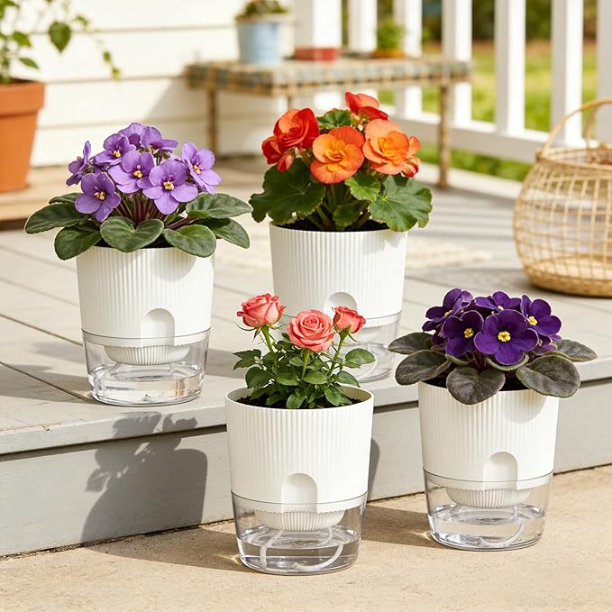 Plant Pots, 4 Pack 5.7 Inch Self Watering Pots for Indoor Plants, Flower Pots with Deep Reservoir and Drainage Holes - White