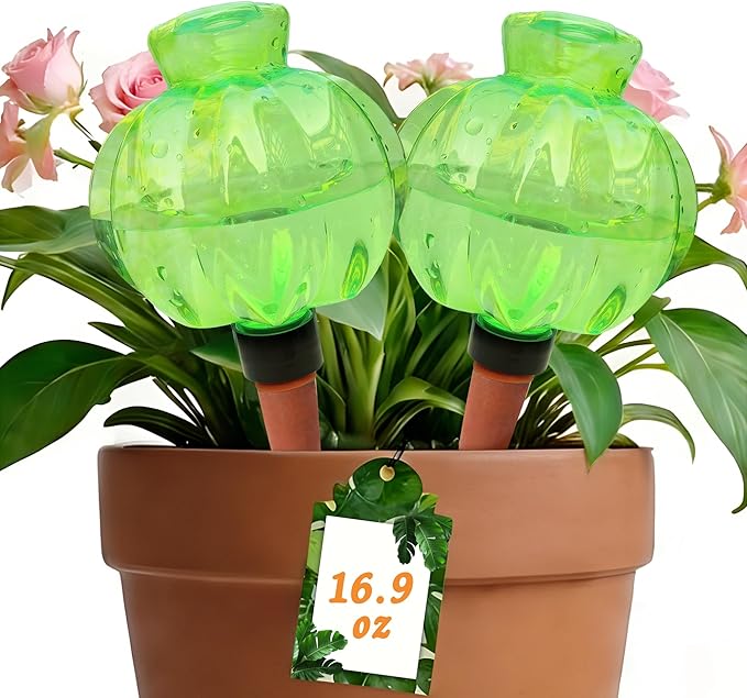 Self Watering Spikes 2 Pack, 16.9oz Large Capacity Plant Watering Globes, Up to 2 Weeks Automatic Watering, Terracotta Irrigation Device for Indoor Plants (Green Lantern Design)