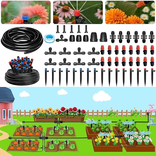 230FT Automatic Watering System for Outdoor Plants, Quick-Connect Garden Drip Irrigation Kits with 1/2" & 1/4", Adjustable Nozzles & Sprinklers for Greenhouse, Raised Bed, Lawn, Potted Plants