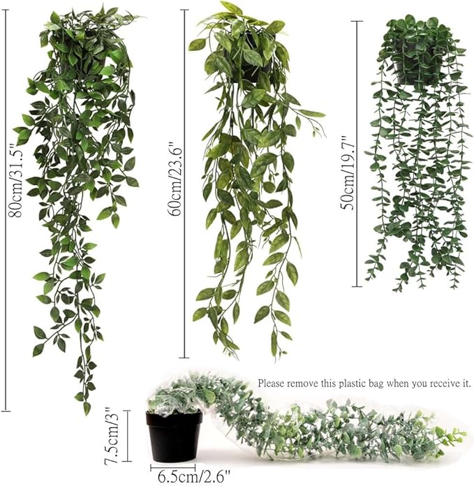KIRIFLY Fake Plants Artificial Indoor Faux Hanging Plants Greenery Eucalyptus Green Décor 3 Pack for Home Bathroom Farmhouse Room Shelf