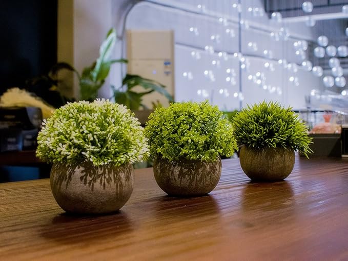 Opps Artificial Plastic Mini Plants Unique Fake Fresh Green Grass Flower in Gray Pot for Home Décor – Set of 3
