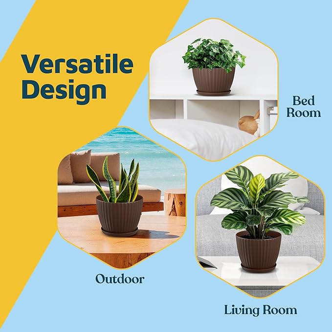 Brown 6-Inch Plant Pots with Drainage & Saucers 3 Pack, Indoor & Outdoor Planters for Houseplants, Herbs, and Flowers, Durable & Weatherproof Material, Stackable, Lightweight, Minimalist Design