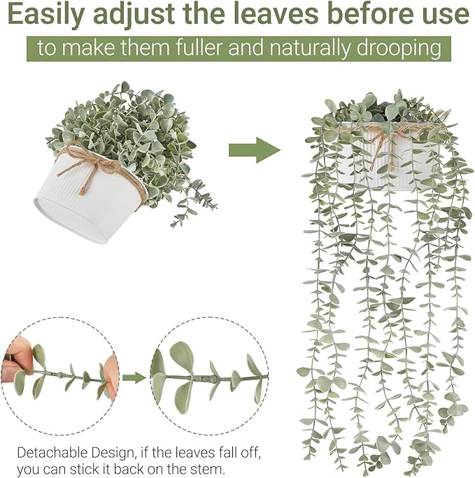 Mkono Fake Hanging Plants in Farmhouse Galvanized Pots Rustic Faux Potted Eucalyptus Greenery Indoor Artificial Plants for Book Shelf Mantel Living Room Bathroom Bedroom Home Office Decor (1, White)