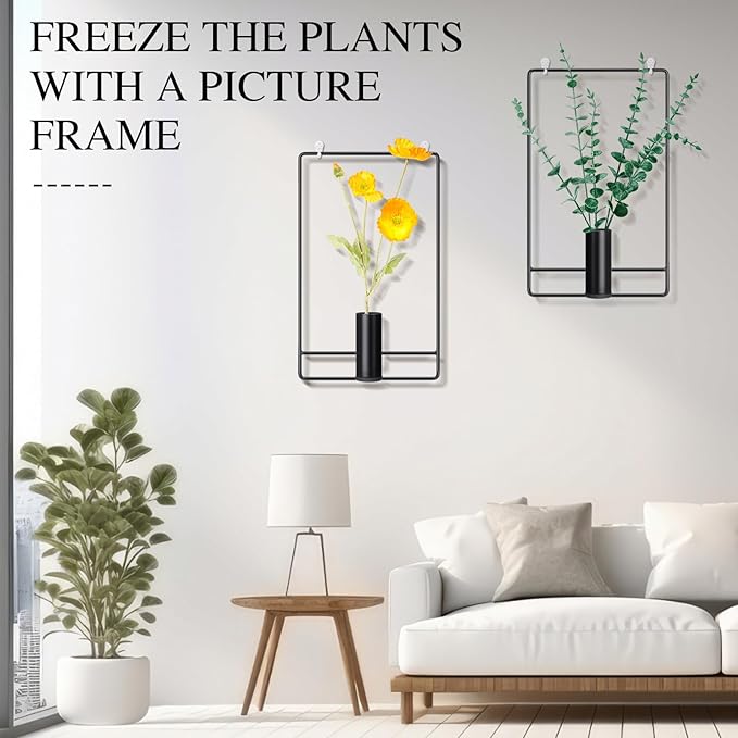 2 Pcs Wall Decor Hanging Planters Metal Hanging Vase Black Indoor Plants Holder with 6 Pcs Traceless Hook, Wall Decor for Indoor, Outdoor, Home, Office, and Garden