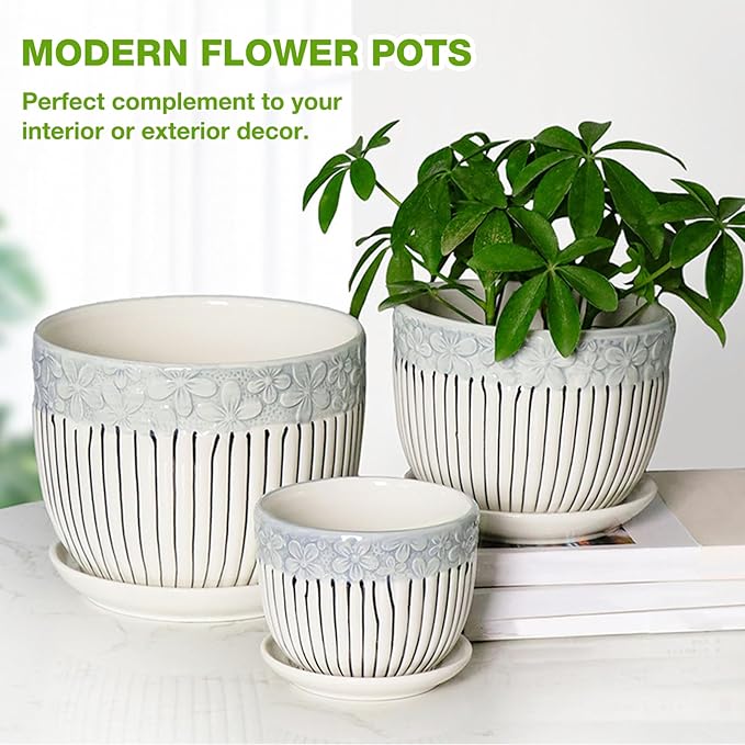 Hlukana Ceramic Plant Pots Set of 3, 6.75/5.6/4.2 inch Planters with Drainage Holes and Saucer, Flower Pot Outdoor Indoor, Modern Decorative Planters for House Plants Garden Planters Succulent Pots