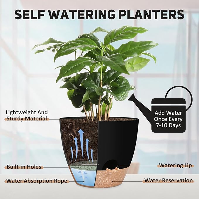 YNNICO 12 inch Large Self Watering Plant Pots, Flower Pots Planters with Multi Mesh Drainage Holes for Indoor Outdoor Garden Plants and Flowers.（Black）