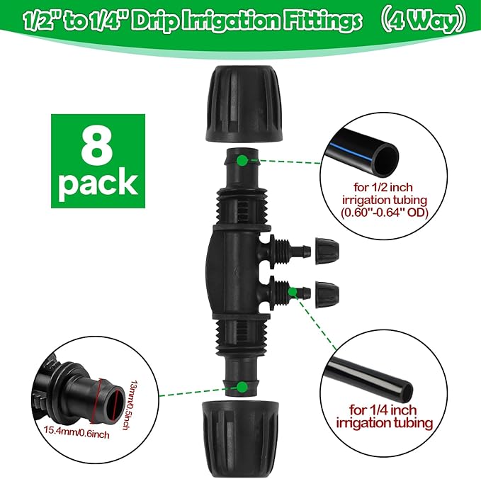 1/2 Inch To 1/4 Drip Irrigation Fittings - 8 Pack Drip Line Irrigation 1/2'' to 1/4'' Barbed Tee Adapter Anti-Drop Lock Nut Barbed Reducer 4 Way Connectors for Drip Irrigation System