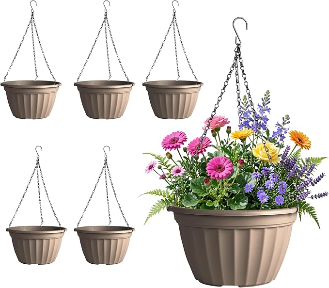 FGstyle 6 Pack Hanging Planters 8 Inch, Self Watering Pots for Indoor Plants, Plastic Hanging Basket with Soil Elevator and 20" Chain for Home Garden Porch Balcony Patio Decor (Beige)