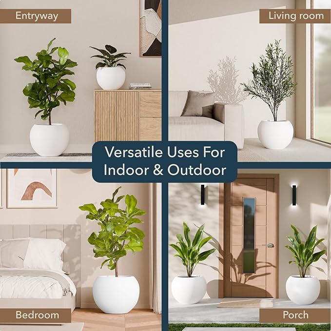KUTE NEST 9.7" H x 12" D Premium Globo Fiberstone Round Planter with Drainage Hole, Smooth Finishes, Weather Resistant for Indoor and Outdoor Use, Included 2 Extra Coco Mats (White, 7.8" Pot Opening)