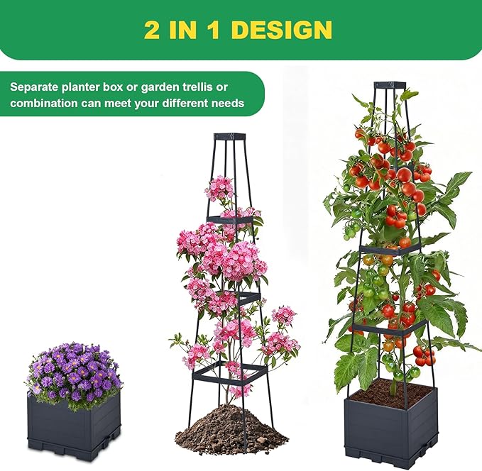 2 Pack Raised Garden Bed, Tomato Cages for Garden, Garden Bed, Tomato Cage, Planter Box with Trellis, 57" Self-Watering Tomato Planter for Climbing Plants Vegetables Flowers Outdoor Indoor