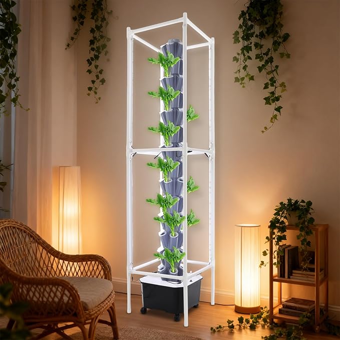 Hydroponic Growing System Kit - 70 Pods Large Vertical Hydroponics Tower with 8 LED Light Strips, 14-Tiers Smart Indoor Herb Garden for Kitchen Office Winter Balcony Planting (Grey)