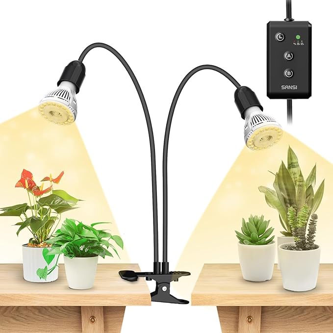 SANSI LED Grow Lights for Indoor Plants 1-Pack + 10W Grow Bulbs 2-Pack, Lifetime Free Bulb Replacement, 300W Full Spectrum Dual Gooseneck Clip Plant Grow Light, Plant Light with Timer 4/8/12 Hrs